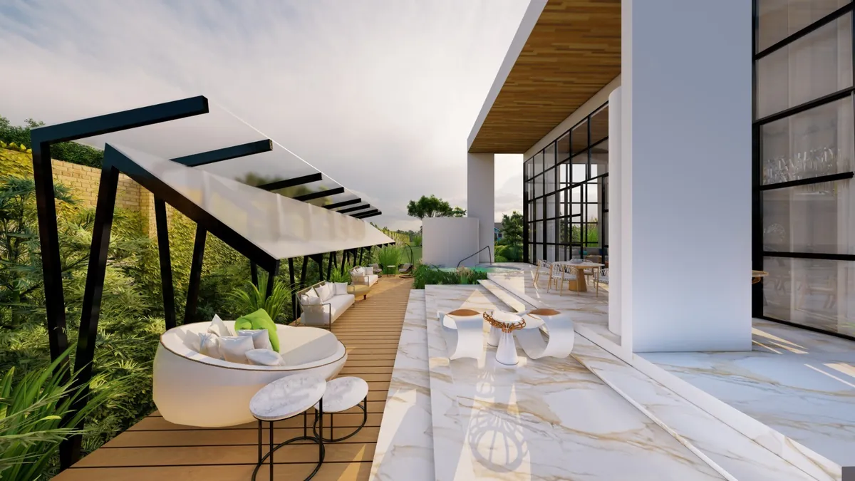 Projeto residencial: varanda e área externa em perspectiva 3D